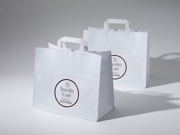 26x17x25 torba papierowa kraft biała cateringowa z nadrukiem reklamowym